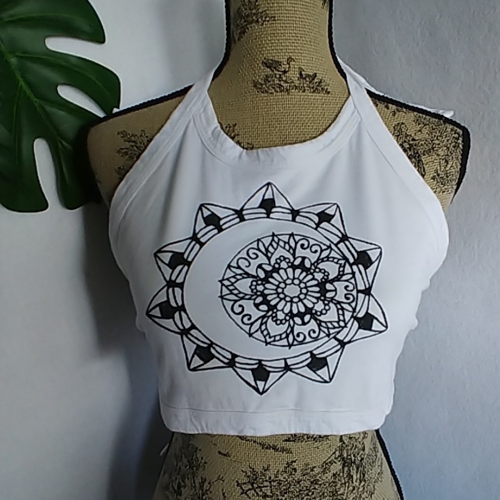 L.A. Hearts White Halter Neck Tie Crop Top with Black Mandala and Moon Graphic